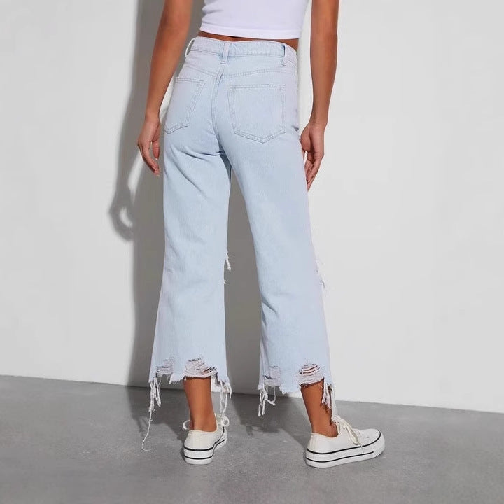 Damen nan cropped-weitjeans mit hoher Taille, ausgefranstem Saum und starkem Knee-Ripping Drune