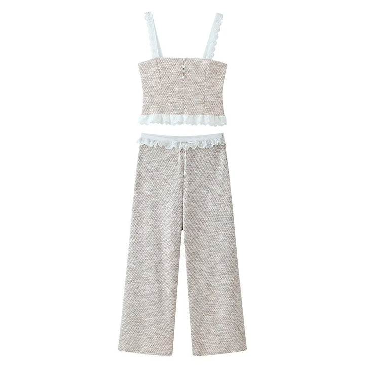Damen Weite Tweed-Hose mit Spitzenbund und Kordelzug Drune