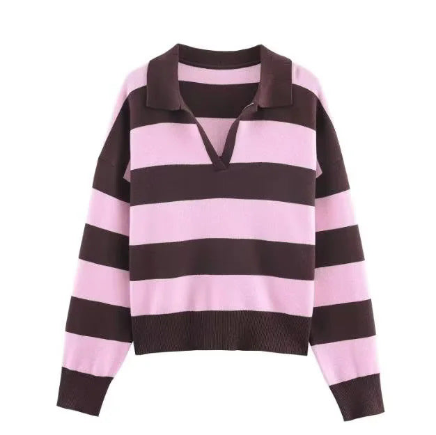 Damen nan oversized Rugby-Pullover mit Polokragen, V-Ausschnitt und breiten Streifen Drune