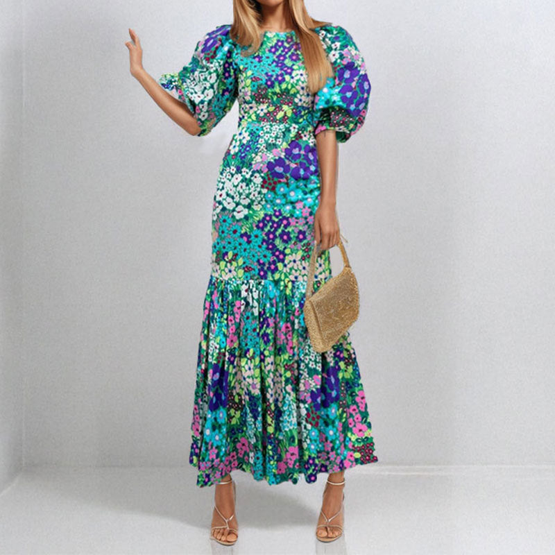 Damen Maxikleid mit voluminösen Puffärmeln und floralen Mustern Drune