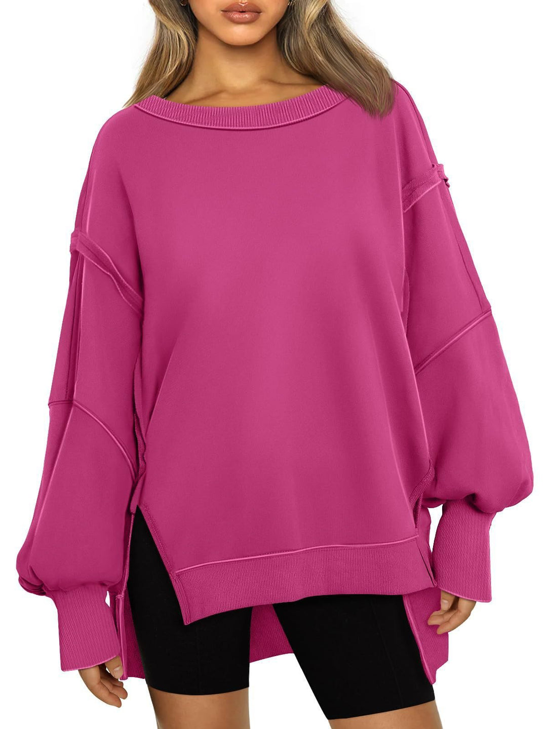 Damen Weiches Longline-Sweatshirt mit Ballonärmeln, seitlichen Schlitzen und geripptem Saum Drune