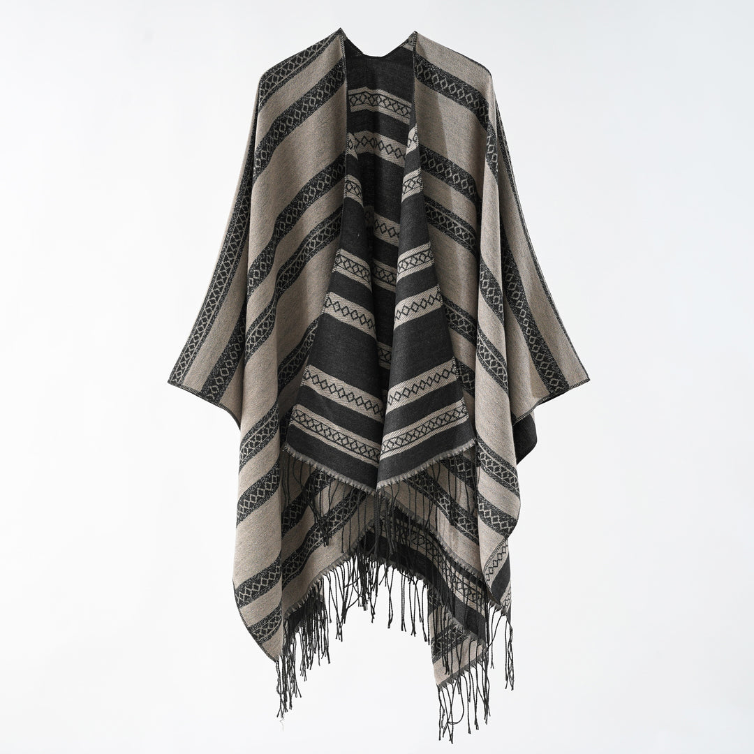 Damen Langer Webponcho im Cape-Stil mit Streifen-Jacquard und Fransen Drune