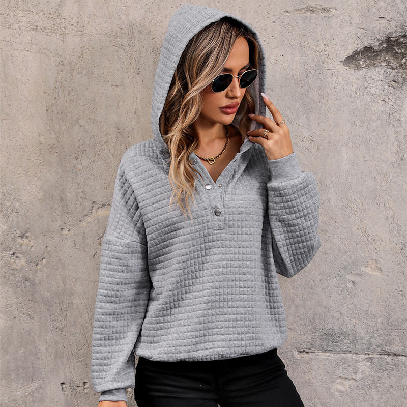 Damen Gestepptes Waffelstrick-Henley-Hoodie mit Druckknopfleiste Drune