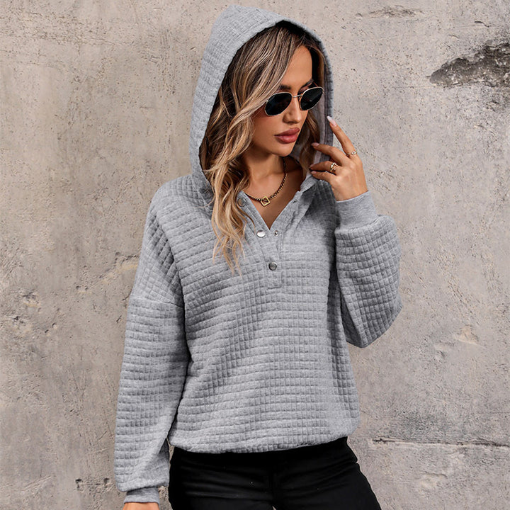 Damen Gestepptes Waffelstrick-Henley-Hoodie mit Druckknopfleiste Drune
