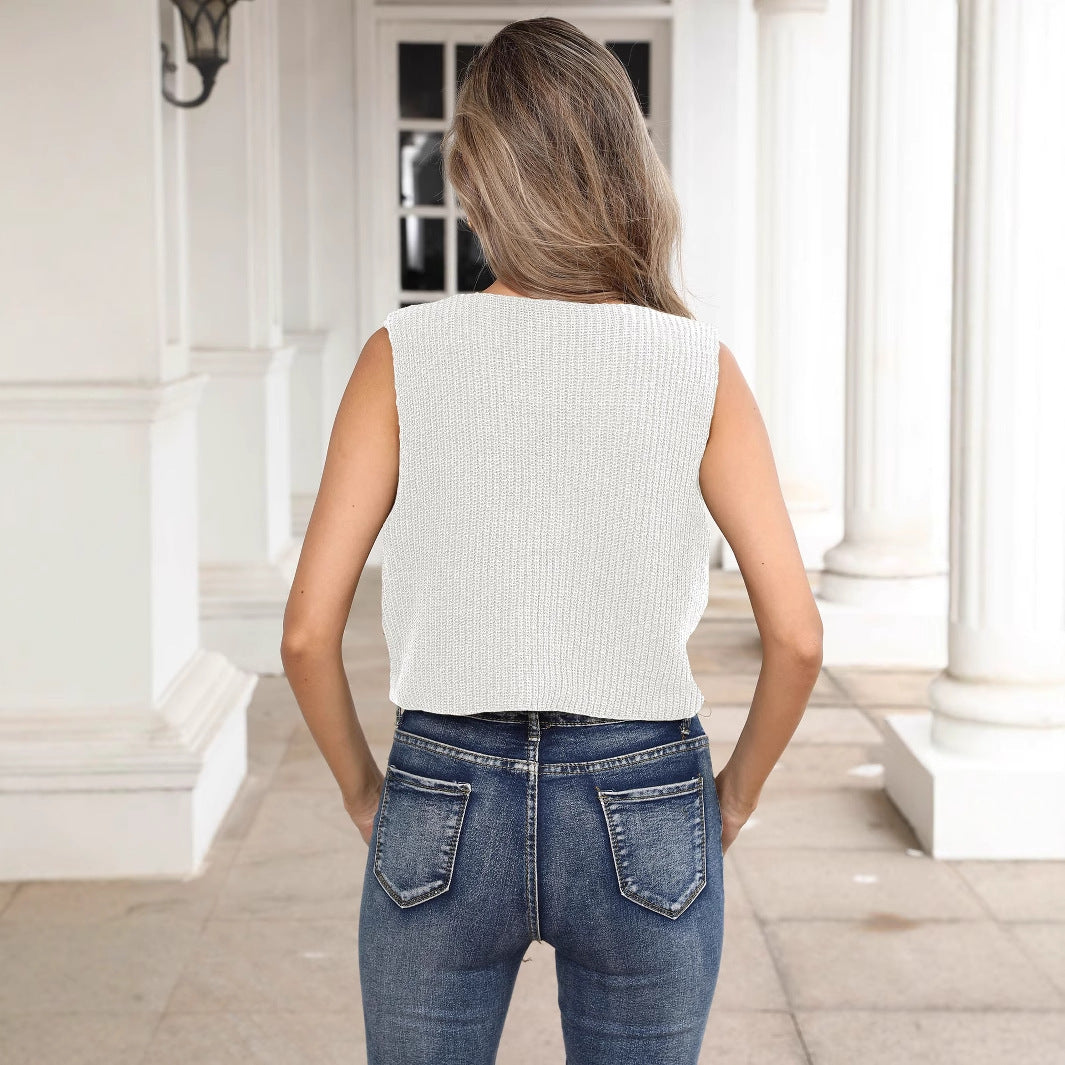 Damen kurzes Stricktop mit Blumenapplikationen Drune