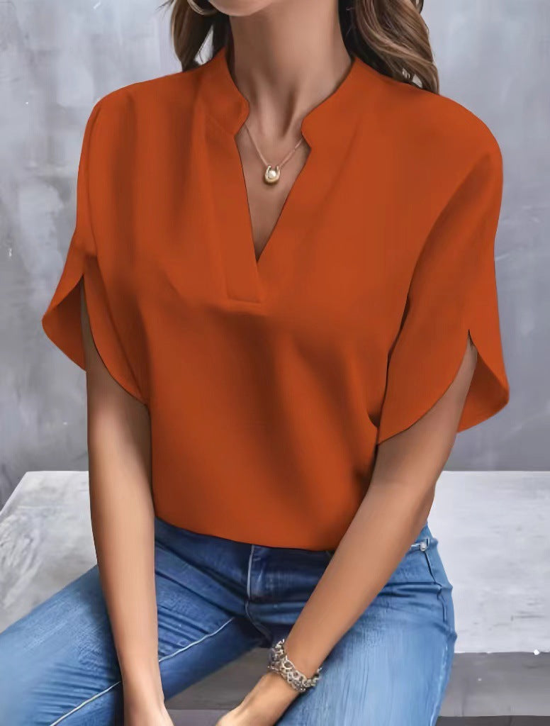 Damen elegantes Oberteil mit modernen Seitenschlitzen und V-Ausschnitt Drune