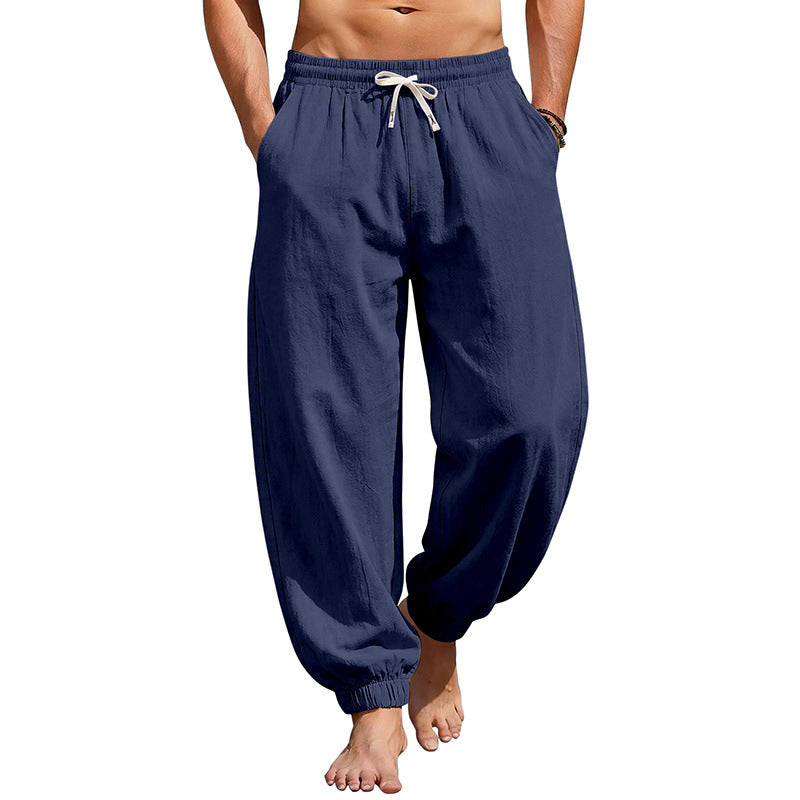 Herren Weite Leinenoptik-Strandhose mit Kordelzug, elastischem Bund und gerafften Beinabschlüssen Drune