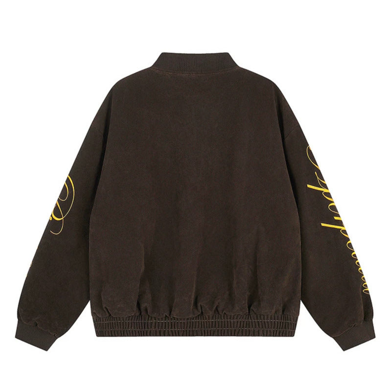 Damen Oversize-Bomberjacke im Velours-Look mit Script-Ärmeln und Metallnieten Drune