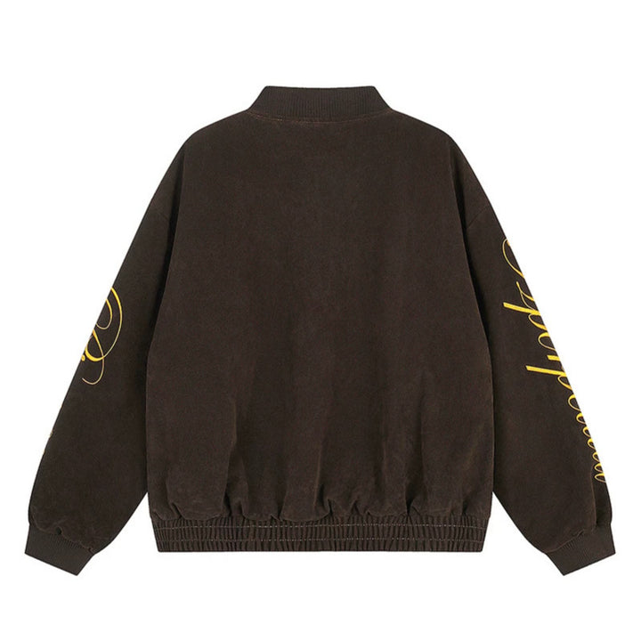 Damen Oversize-Bomberjacke im Velours-Look mit Script-Ärmeln und Metallnieten Drune