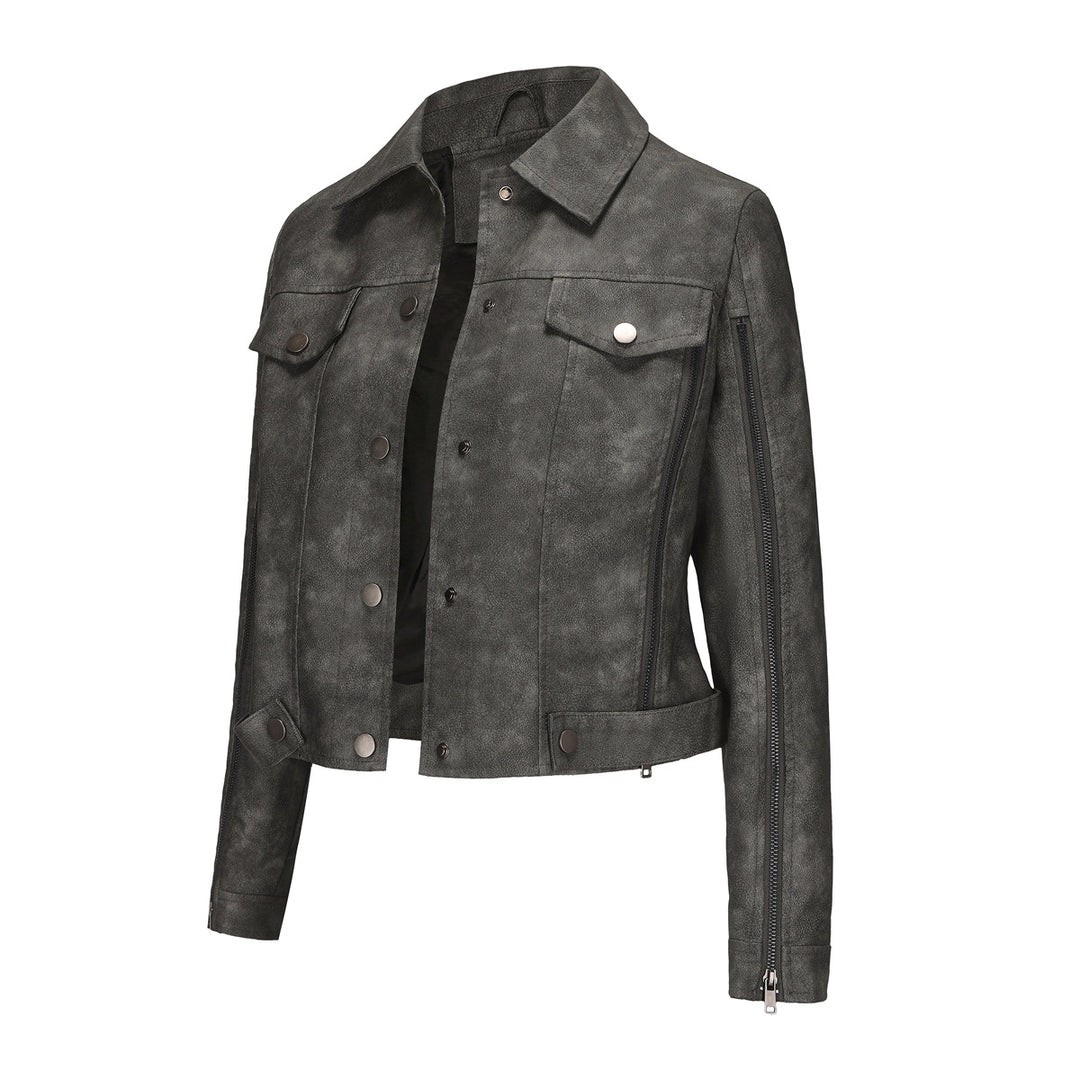 Damen nan kurze Cropped-Truckerjacke aus Wildlederoptik mit seitlichen Reißverschlüssen und aufgesetzten Brusttaschen Drune