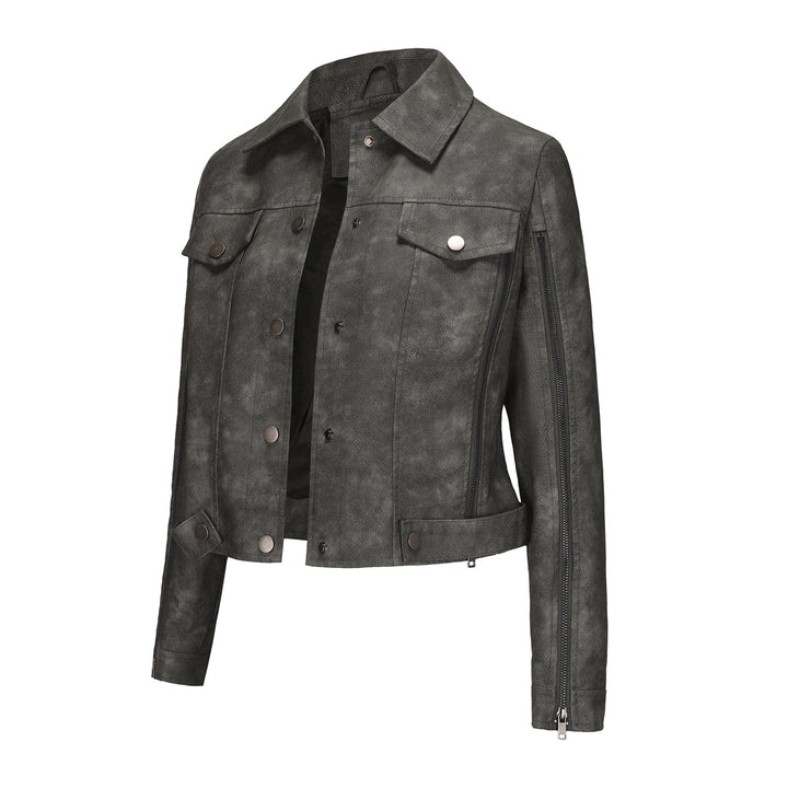 Damen nan kurze Cropped-Truckerjacke aus Wildlederoptik mit seitlichen Reißverschlüssen und aufgesetzten Brusttaschen Drune