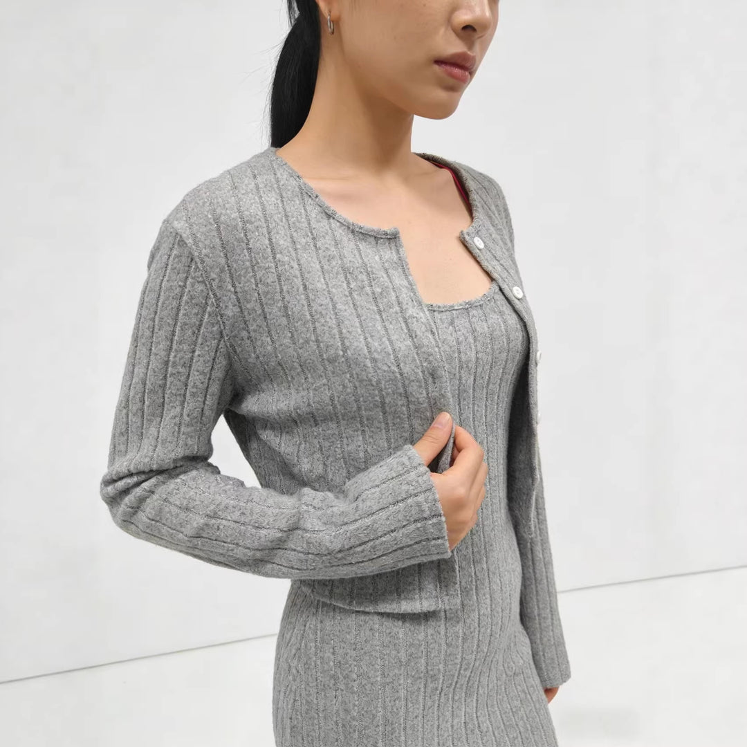 Damen Geripptes Strick-Kleid mit passendem Kurzcardigan Drune