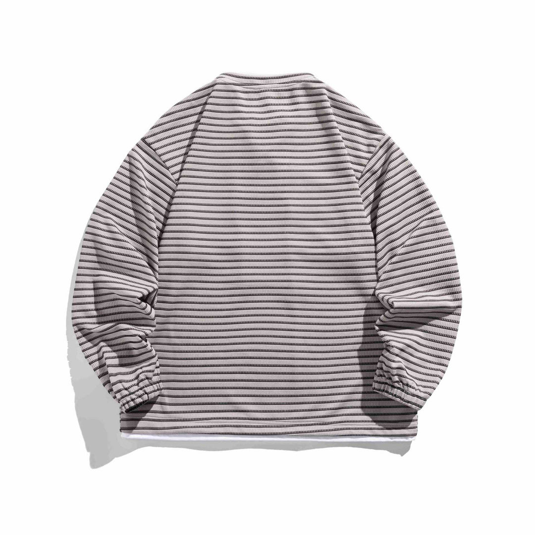 Unisex Gestreifter Waffelstruktur-Pullover mit Schnürverschluss und Raglanärmeln Drune