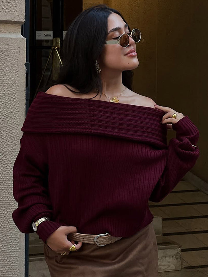 Damen Off-Shoulder Rippstrickpullover mit weitem Umschlagkragen Drune