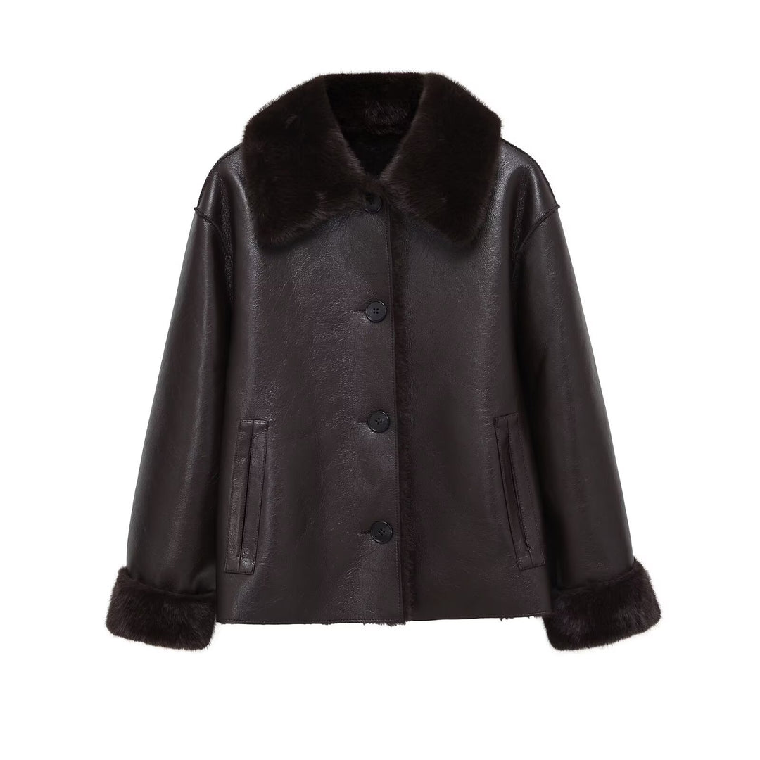 Damen Kastige Fauxleder-Jacke mit Kunstfellkragen, Lammfellimitat‑Futter und Knopfverschluss Drune