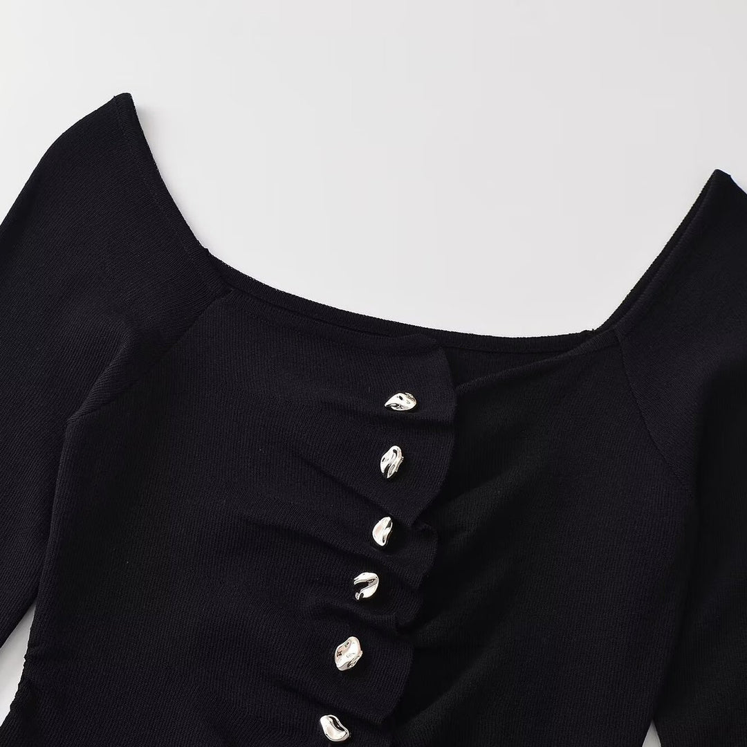 Damen Gerüschtes Langarm-Top mit asymmetrischem Schößchen und Zierknopfleiste Drune