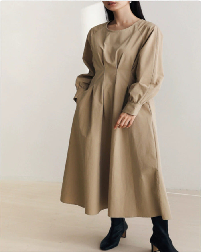 Damen Maxikleid mit Taillenabnähern, Rundhalsausschnitt und voluminösen Manschetten Drune
