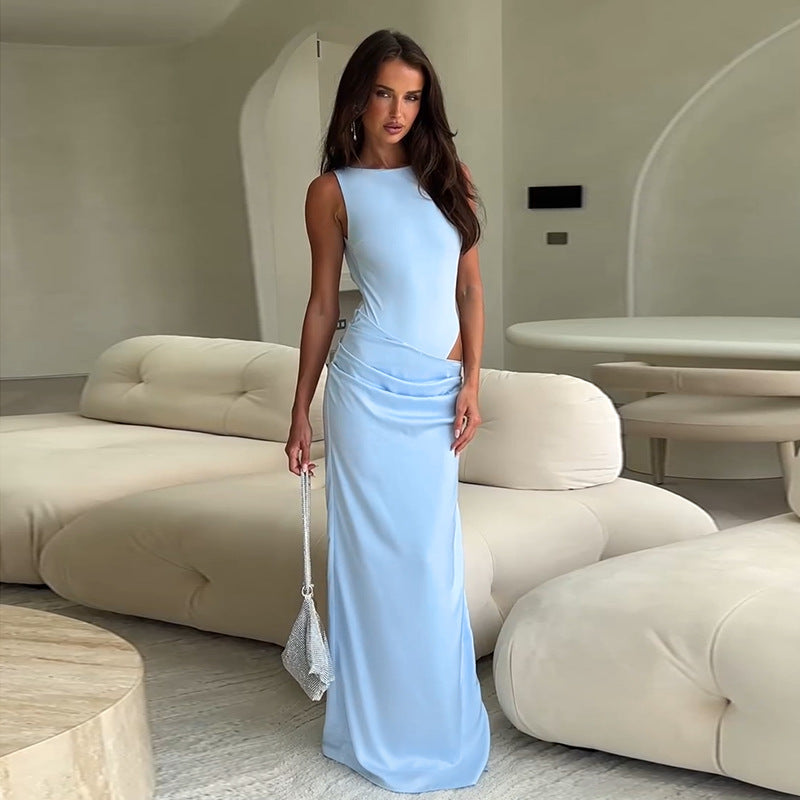 Damen elegantes Maxikleid mit asymmetrischem Design und raffiniertem Tailleneinsatz Drune