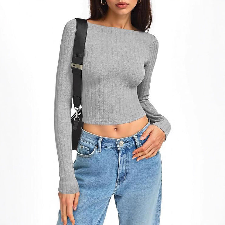 Damen Tailliertes Ripp-Cropped-Longsleeve mit U-Boot-Ausschnitt und Stretch-Baumwollmix Drune