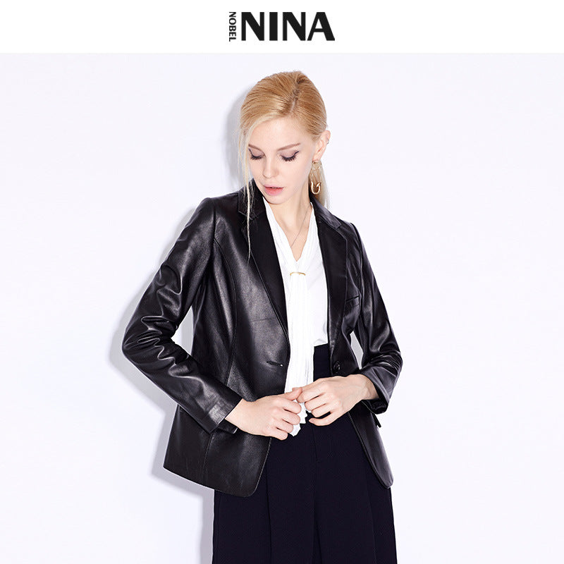 Damen Klassischer Lederblazer Drune