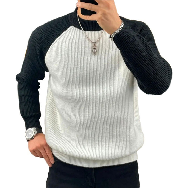 Herren Gerippter Raglan-Pullover mit Kontrastärmeln und kurzem Stehkragen Drune