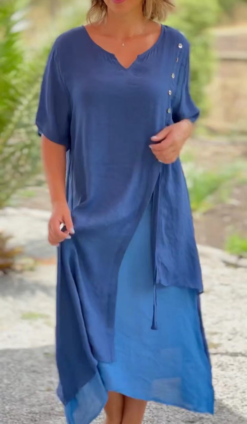 Damen Midi-Kleid mit seitlichem Schlitz und knöpfbarem Detail Drune