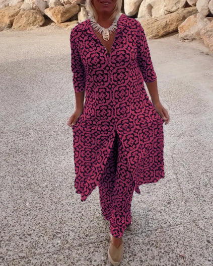 Damen Freizeit Maxi Kleid in ornamentalem Druck mit V-Ausschnitt, 3/4-Ärmeln und zentralem Frontschlitz Drune