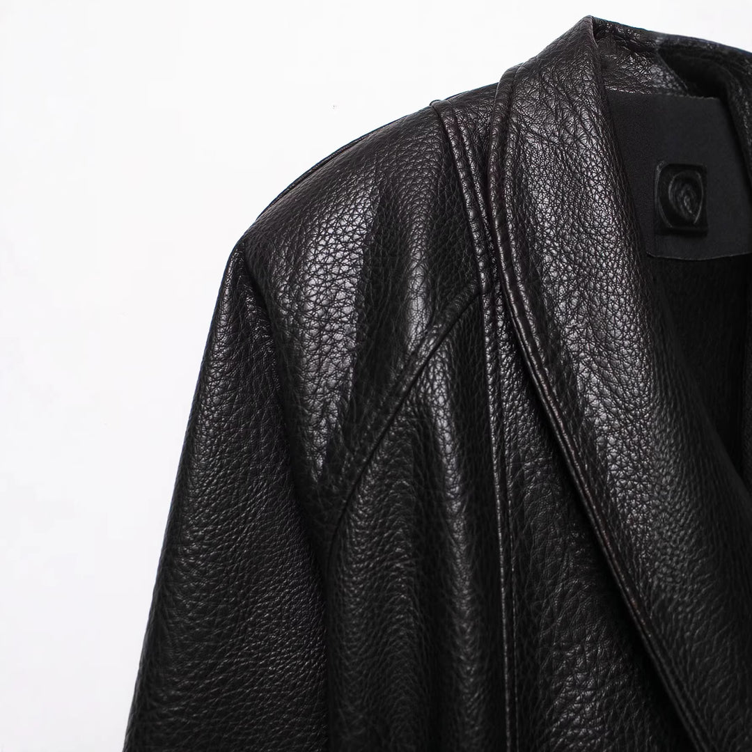 Damen Lederjacke in Lederoptik mit Bindegürtel und Schalkragen Drune