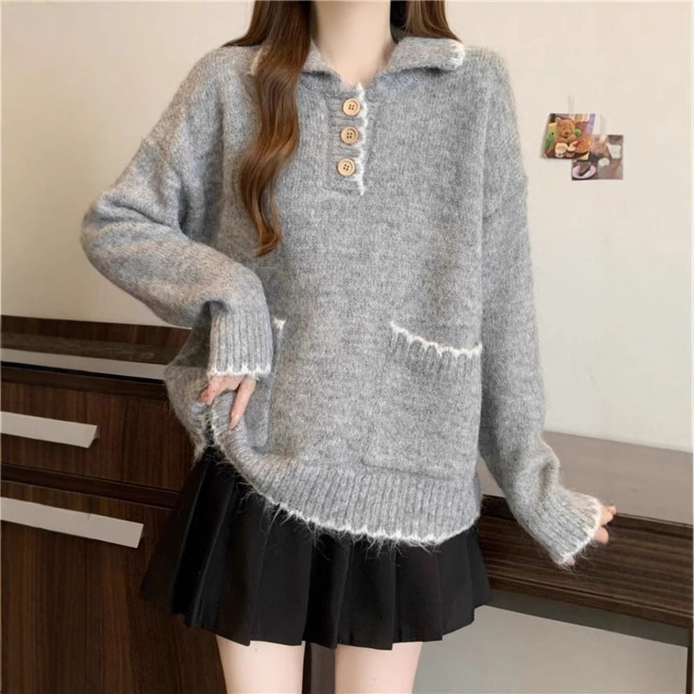 Damen Strickpullover mit Kragen und Knopfdetails Drune