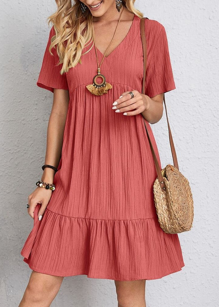 Damen nan Crinkle-Sommerkleid mit V-Ausschnitt, Empirenaht und Volant-Saum Drune
