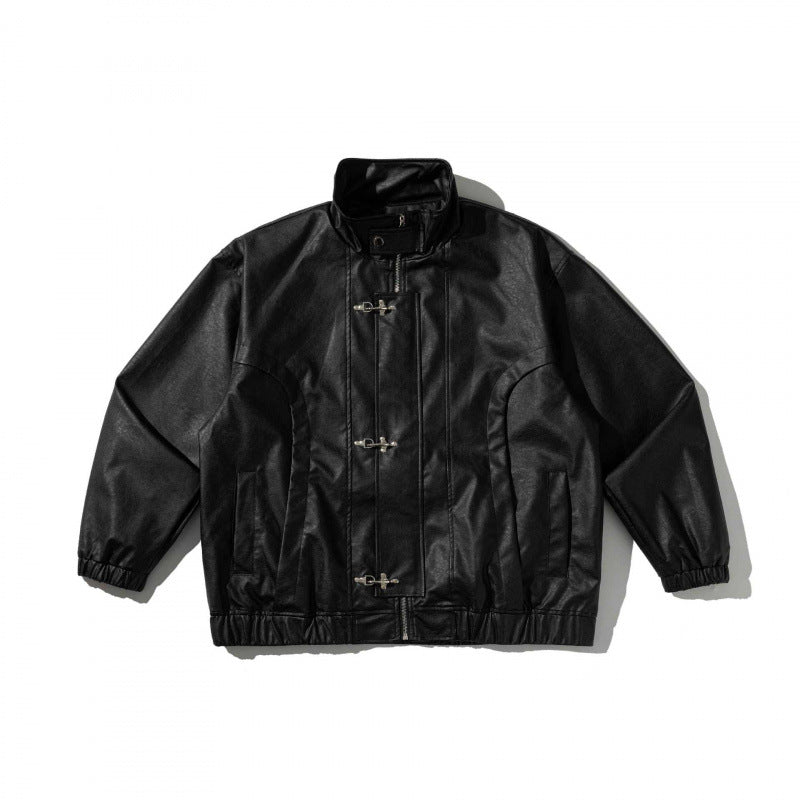 Unisex Boxy-Kurzjacke aus veganem Leder mit hohem Kragen, Knebel-Front und elastischem Saum Drune