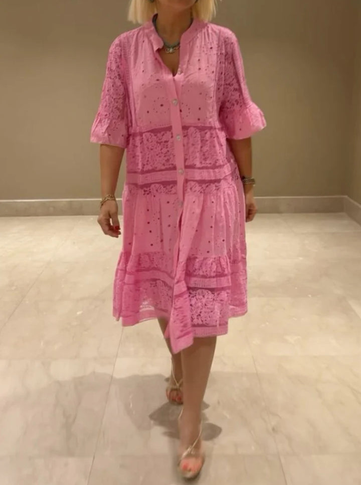 Damen nan Hemdblusen-Midikleid mit Spitzen-Einsätzen, Stufenrock und durchgehender Knopfleiste Drune