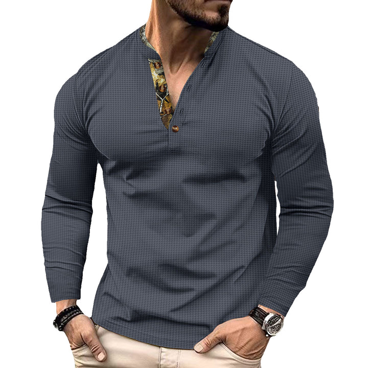 Herren nan langärmeliges Henley-Shirt mit Stehkragen und gemustertem Knopfleistenbesatz Drune