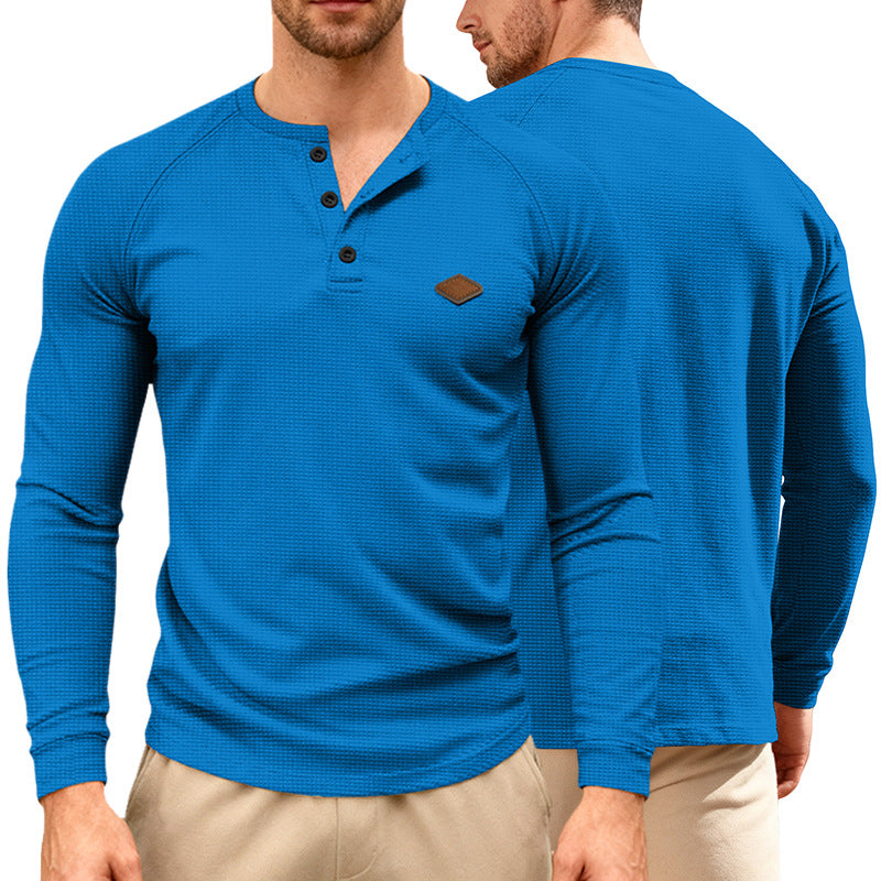 Herren nan Waffelstrick-Henley Langarmshirt mit Raglanärmeln, Halbknopfleiste und Lederlabel Drune