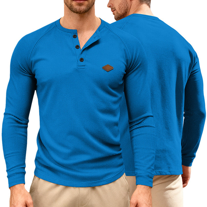 Herren nan Waffelstrick-Henley Langarmshirt mit Raglanärmeln, Halbknopfleiste und Lederlabel Drune