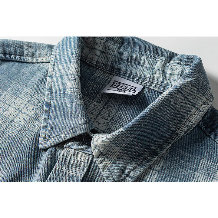 Herren Lockeres Karo-Hemd im Vintage-Denim-Look mit aufgesetzter Brusttasche und Used-Details Drune