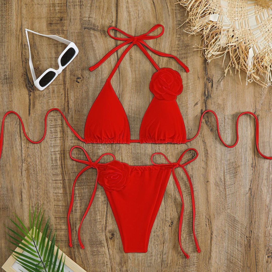 Damen verstellbarer Triangel-Bikini mit dekorativen Blumenapplikationen Drune