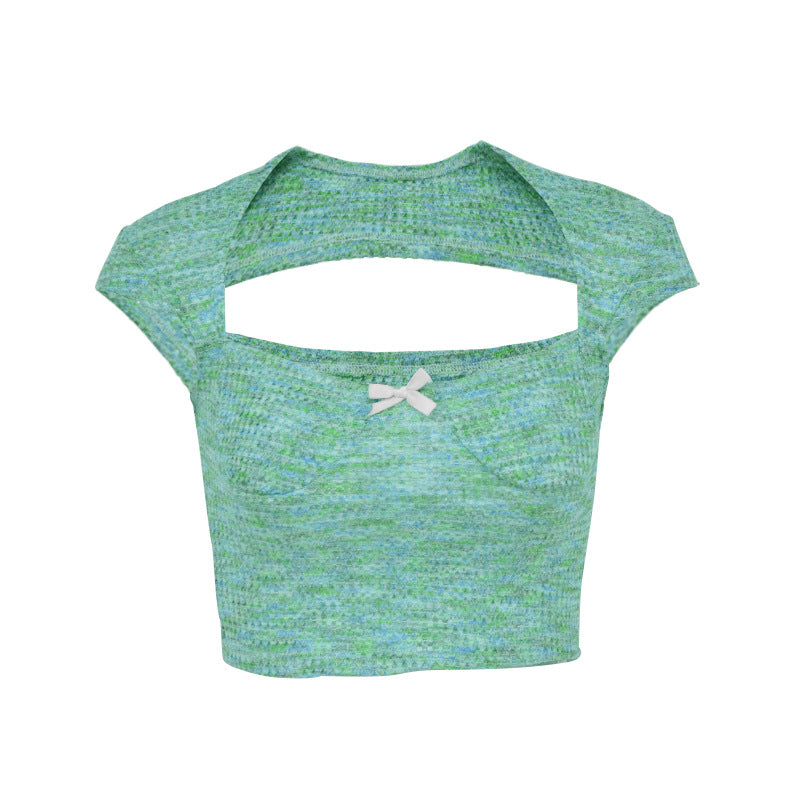 Damen Kurzarm-Crop-Top mit femininem Rückenausschnitt und dekorativem Bogen Drune