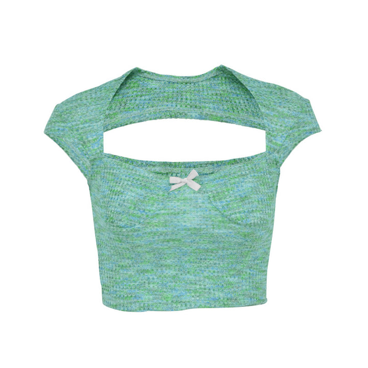 Damen Kurzarm-Crop-Top mit femininem Rückenausschnitt und dekorativem Bogen Drune
