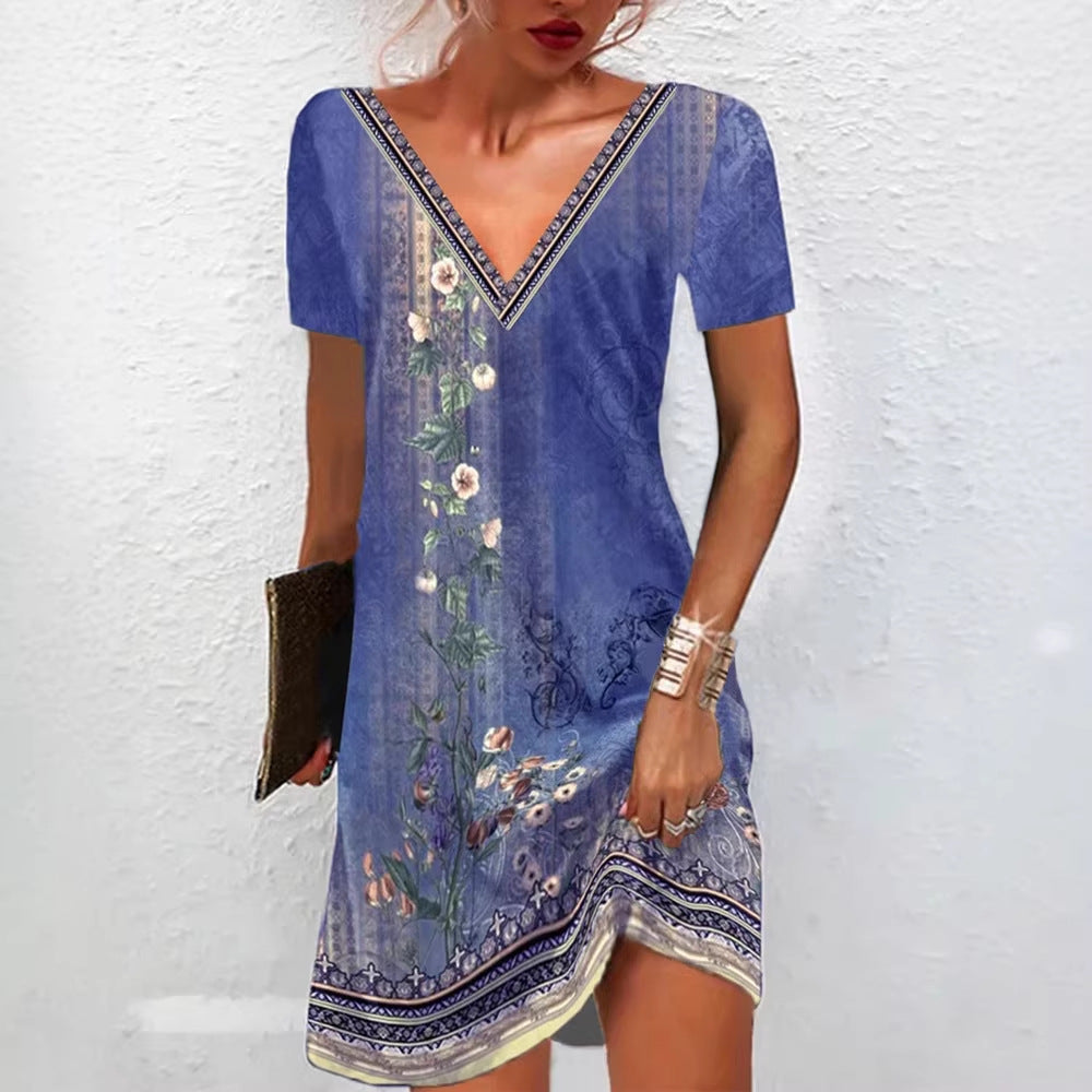 Frauen Floral V-Ausschnitt Tunika Kleid mit Border Print und langen Ärmeln Drune