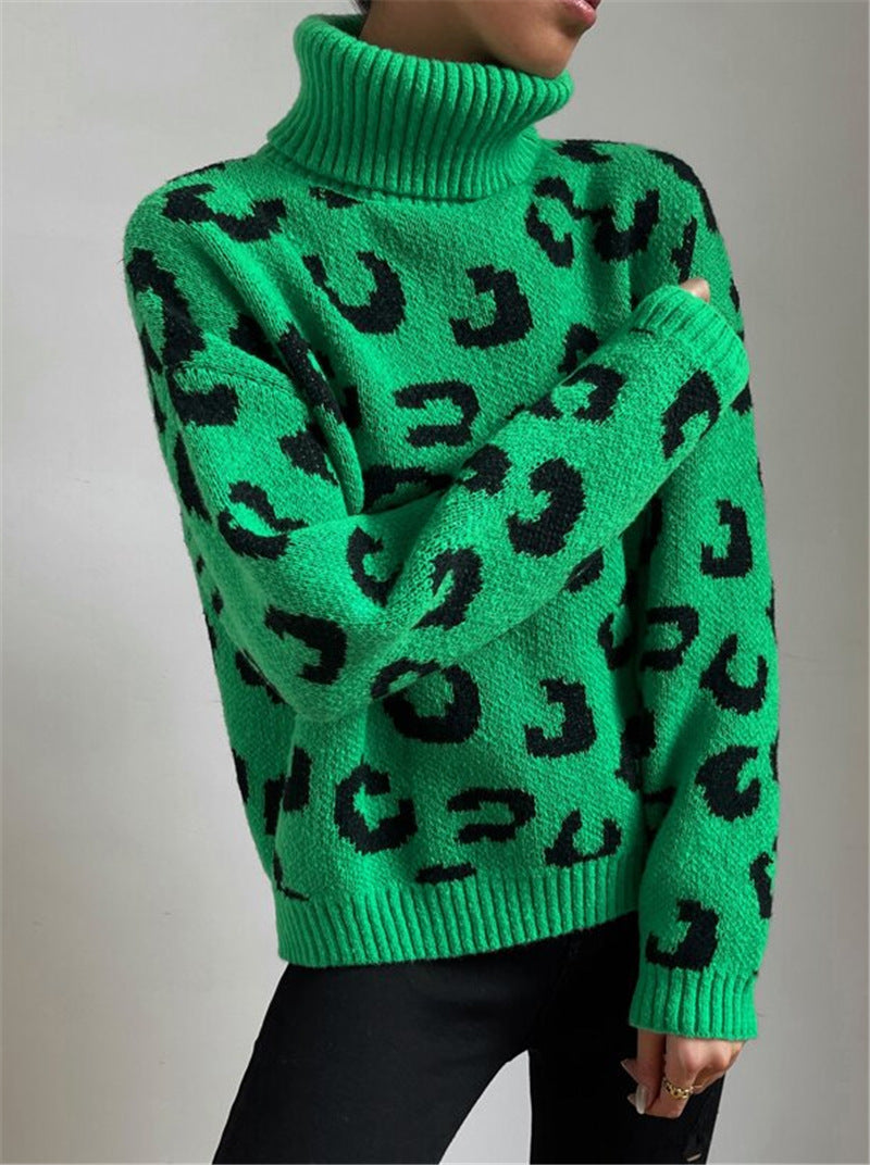 Damen Stehkragen Pullover mit Leopardenmuster Drune