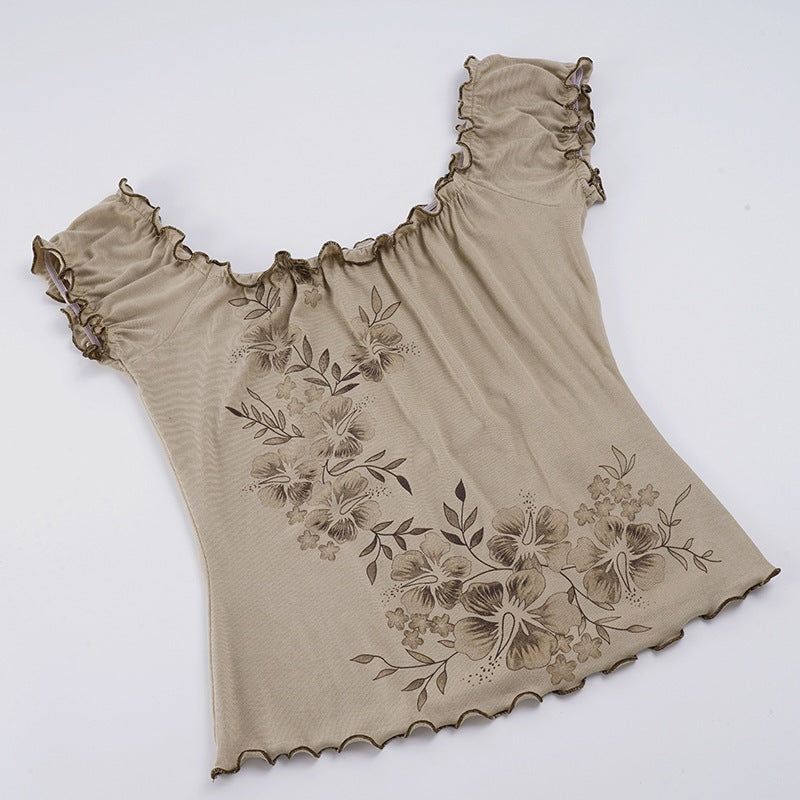 Damen Spitzenhaftes Oberteil mit floralen Details und Rüschensaum Drune