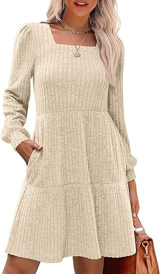 Damen Gestricktes A‑Linien‑Minikleid mit quadratischem Ausschnitt, Stufenrock und Eingrifftaschen Drune