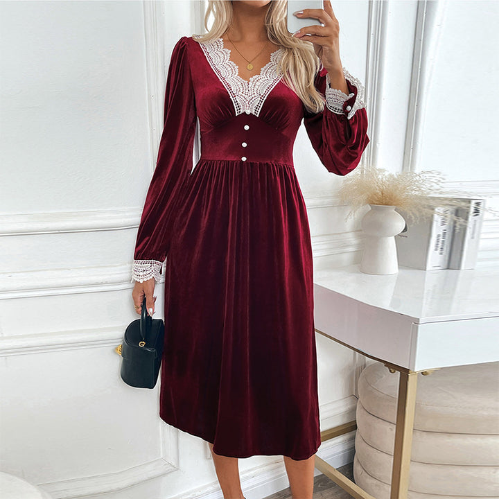 Damen Samt-Midikleid mit Spitzen‑V-Ausschnitt, tailliertem Empire‑Schnitt und Zierknöpfen Drune
