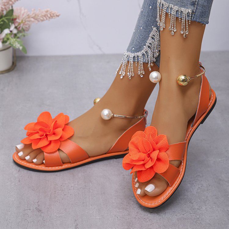 Damen Blumensandalen mit großer 3D-Blütenapplikation und Slingback Drune
