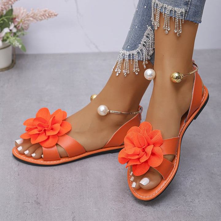 Damen Blumensandalen mit großer 3D-Blütenapplikation und Slingback Drune
