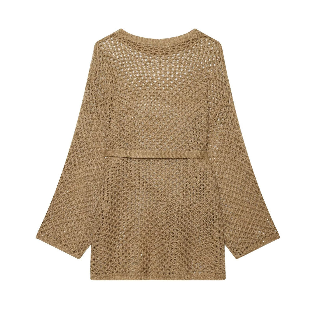Damen Lockerer Häkelcardigan mit Taillengürtel und 3/4-Ärmeln Drune