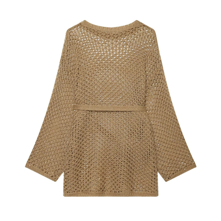 Damen Lockerer Häkelcardigan mit Taillengürtel und 3/4-Ärmeln Drune