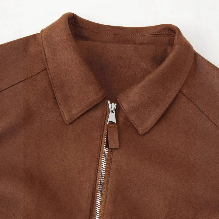 Damen nan cropped Wildlederoptik Jacke mit Hemdkragen durchgehendem Metallreißverschluss und seitlichen Reißverschlusstaschen Drune