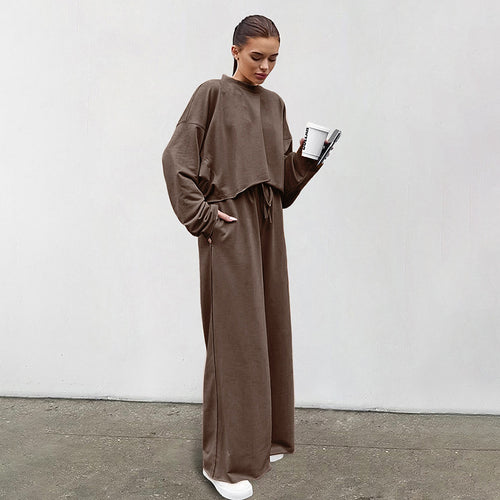Damen Bequemes Cropped Sweatshirt und Weite Hose Set Drune